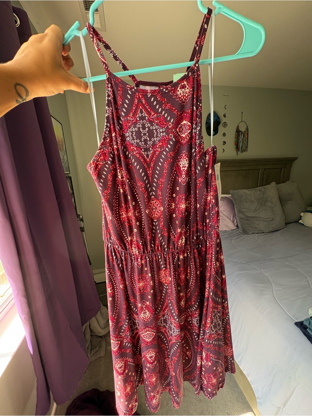 French Grey Burgundy Red Paisley Print Mini Dress